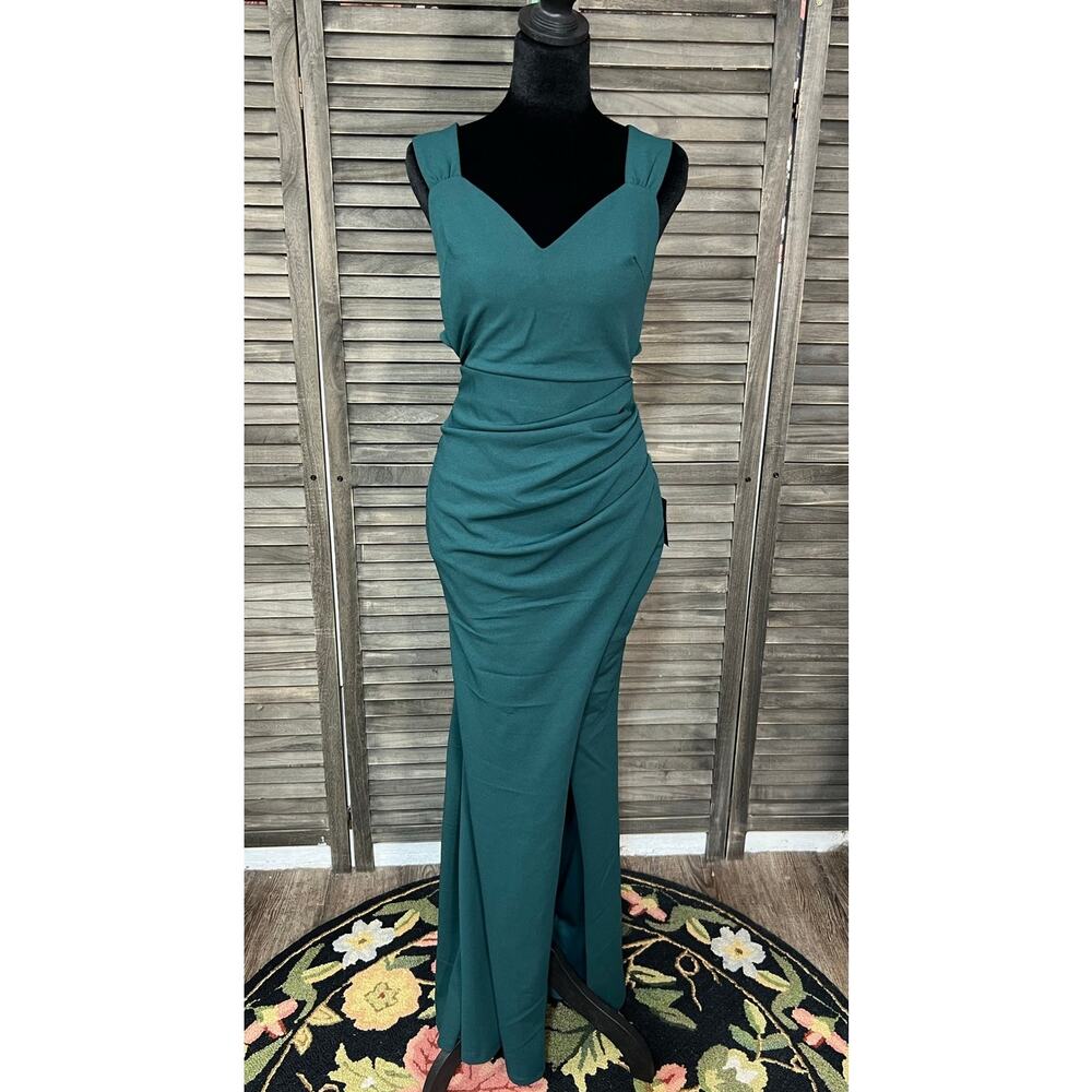 Lulus Teal Green Ruched Maxi Dress NWT Cross Back High Slit Formal Gown S - Picture 4 of 7